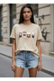 Women's Beige Coffee Cups Patterned Cotton T-Shirt Stylish Printed Oversize