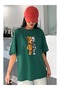 Green Women's Teddy Bear Robot Printed Cotton T-Shirt Oversize Unisex Trendy Patterned T-Shirt