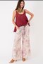 Women's Italian White Rose Patterned Wide-Legged Linen Trousers with Elastic Waist and Buckle Rope Belt Detail - 2