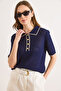 Women's Navy Blue Stripe Detailed Polo Collar Openwork Knitwear Blouse Blz-19003227 - 6