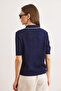 Women's Navy Blue Stripe Detailed Polo Collar Openwork Knitwear Blouse Blz-19003227 - 7