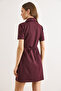 Women's Plum Half Buttoned Belted Mini Flared Dress Elb-19002591 - 7
