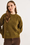 Women's Oil Green Stone Detailed Textured Thick Knit Sweater Kzk-19001165 - 3