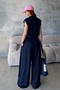 Women's Navy Blue Soft Modal Textured Vest Wide Leg Pants Bottom Top Sports Set - 6