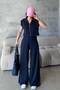 Women's Navy Blue Soft Modal Textured Vest Wide Leg Pants Bottom Top Sports Set