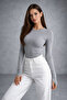 Women's Gray Melange Finger-Looped Crew Neck Blouse - 8