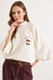 Women's White Half Fisherman Embroidered Three-Quarter Sleeve Knitwear Sweater Kzk-19001166 - 4