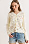 Women's Ecru Embroidered Tiny Pompom Openwork Seasonal Cardigan Hrk-19000475