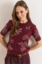 Women's Burgundy Print Stone Detailed Soft Textured Short Sleeve Knitwear Sweater Kzk-19001163