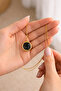Gold Plated Anthracite Natural Stone Round Pendant Minimal Framed Chain Necklace - 3