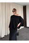 Black Shoulder Draped Satin Blouse Skirt Set - 8005 - 3
