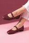 Toledo Burgundy Leather Knitted Textured Nickel Buckle Belted Ballerinas - 3