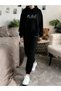 Lıvo Women's Tracksuit Set Hooded Oversize Sweatshirt-Jogger Bottoms-Black Be Real Printed Sports Combination - 3