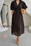 Women's Brown V-Neck Gathered Waist Soft Textured Lined Midi Dress - 2