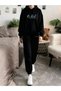 Lıvo Women's Tracksuit Set Hooded Oversize Sweatshirt-Jogger Bottoms-Black Be Real Printed Sports Combination - 5