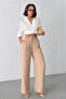 Lena Beige Soft Modal Wide-Legged Draped Summer Trousers with Elastic Waist - 2