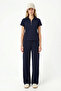 Women's Nola Modal Touch Zippered Polo Collar Waist Elastic Pocketed Navy Blue Top and Bottom Set - 5