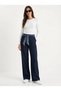 Women's Navy Blue Satin Belt Detailed Wide Leg Denim Trousers 7510 60283941 - 3