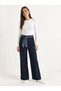 Women's Navy Blue Satin Belt Detailed Wide Leg Denim Trousers 7510 60283941 - 5