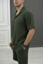 Men's Green Wrinkled Fabric Polo Collar Short Sleeve Short Tshirt Set - 2