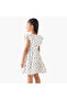 Round Neck Cap Sleeves A-line Dress with Bow Print - 3