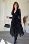 Velvet Printed V-Neck Asymmetrical Midi Black Dress - 3