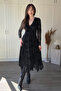 Velvet Printed V-Neck Asymmetrical Midi Black Dress - 5