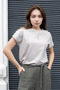 Women's Silky Soft Fabric Wide Crew Neck Tshirt Blouse with Front Window and Side Slits - Stone - 5