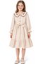 Girl's Beige Color Midi Length Dress with Lace Collar, Button Closure, Belted Lining