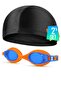Set of 2 Swimming Goggles Fabric Cap Set Swimming Pool Sea Goggles Orange-Blue - 2