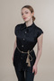 Women's Summer Black Oversize Wide Shoulder Shirt Collar Straw Rope Belt Detailed Buttoned Blouse Daily Casual Stylish 70055 - 4