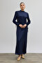 Jacquard Dress with Side Tie Detail - Navy Blue - 2