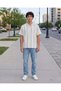 Men White And Blue Striped Short Sleeve Dobby Shirt - 5