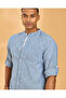 Men Blue Striped Cotton Slub Mandarin Collar Shirt - 4