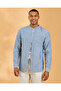 Men Blue Striped Cotton Slub Mandarin Collar Shirt