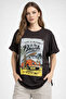 Women's Anthracite Crew Neck Beach Printed Oversize T-Shirt Nj103