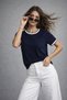 Women's Navy Blue Knitwear Collar Basic Short Sleeve T-Shirt - 4