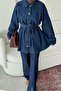 Women's Double Button Long Blouse Jeans Pants Set - 6