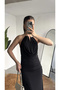 Women's Black Halter Neck Maxi Long Evening Dress with Gold Accessories, Draped and Backless - 2