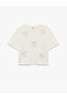 Butterfly Patterned Short Sleeve Crew Neck Cotton T-Shirt with Stone Detail - 4