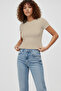 Women's Beige Short Sleeve Crew Neck Basic Slim Fit T-Shirt Lycra Single Jersey - 2