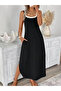 Women's Rope Strap Round Neck Long Viscose Dress with Pockets - 2