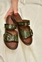 Y390450703 Green Genuine Leather Women's Slippers with Staple Detail