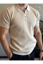 Men's Slim Fit Polo Collar Button Detailed Textured Tshirt Beige Eca058 - 2