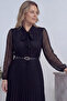 Black French Guipure Pleated Belted Plus Size Dress - 2