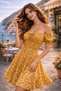 Women's Dress Mustard Mini Short Sleeve Floral Pattern Madonna Collar Gathered Detailed Elastic Waist Casual - 6