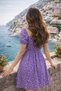 Women's Dress Purple Mini Short Sleeve Floral Pattern Madonna Collar Drawstring Detailed Elastic Waist Casual - 3