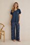 Women's Anthracite Patterned Buttonless Wide Collar Viscose Oversized Short Sleeve Palazzo Pajama Set Homewear - 8