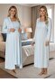 Women's Blue Long Sleeve Stylish Lace Detailed Buttoned 100% Cotton Maternity Dressing Gown Nightgown Set - 8