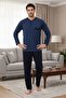 Men's Indigo Button Detailed Long Sleeve 100% Cotton Special Design Large Size (Oversized) Pajama Set